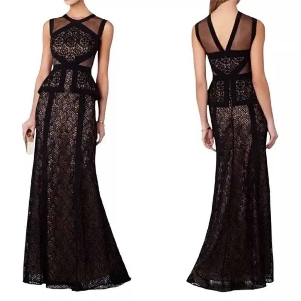 BCBG MAX AZRIA Viviana illusion lace peplum gown Black - Picture 1 of 11